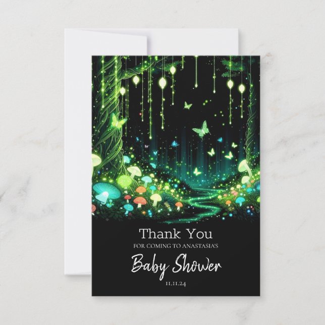 Minimalistische Whimsical Enchanted Forest Baby Du Dankeskarte (Vorderseite)
