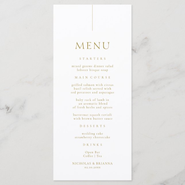 Minimalistische White and Gold Hochzeit Menükarte (Vorderseite)