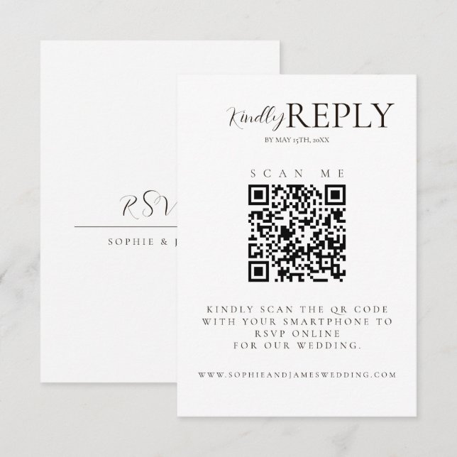 Minimalistische White + Black Wedding QR Code RSVP Karte (Vorne/Hinten)