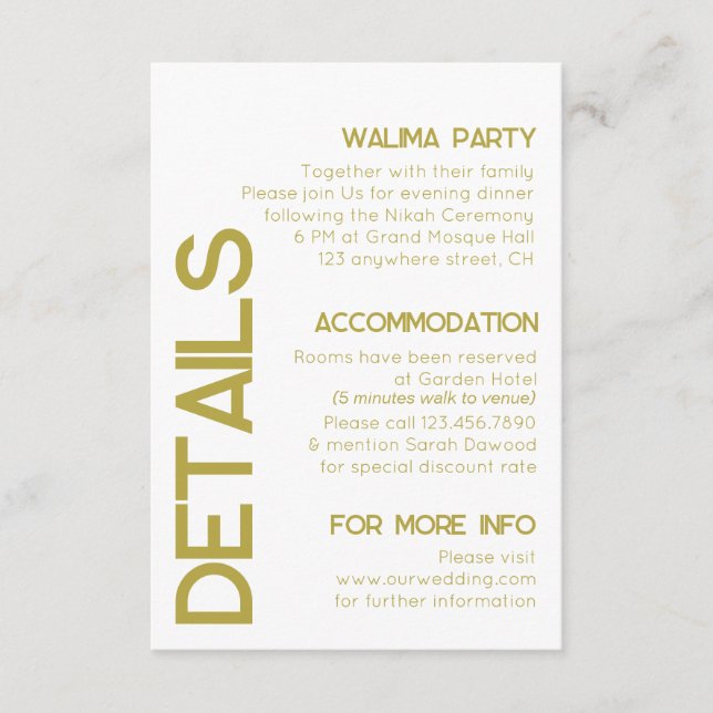Minimalistische White Brass Typografy Wedding Deta Begleitkarte (Vorderseite)