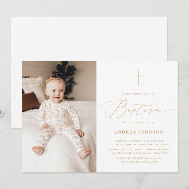 Minimalistische White Gold Elegante Script Foto Ta Einladung (Vorne/Hinten)
