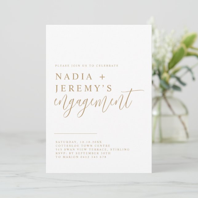 Minimalistische White & Gold Engagement Party Einladung (Stehend Vorderseite)