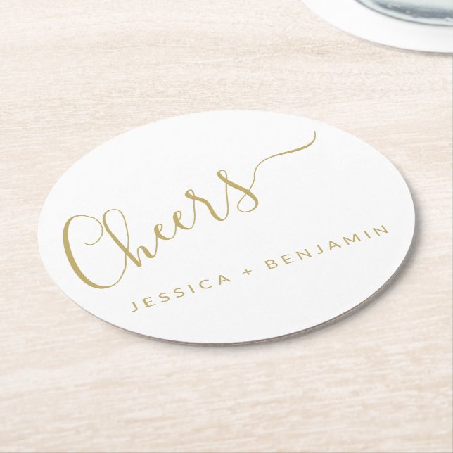 Minimalistische White und Gold Custom Wedding Runder Pappuntersetzer (Angewinkelt)