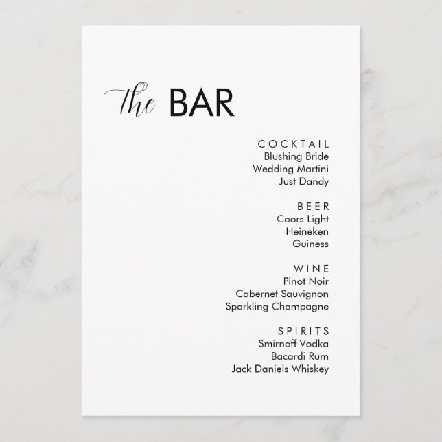 Minimalistische White Wedding Drinks Bar Menükarte (Vorderseite)