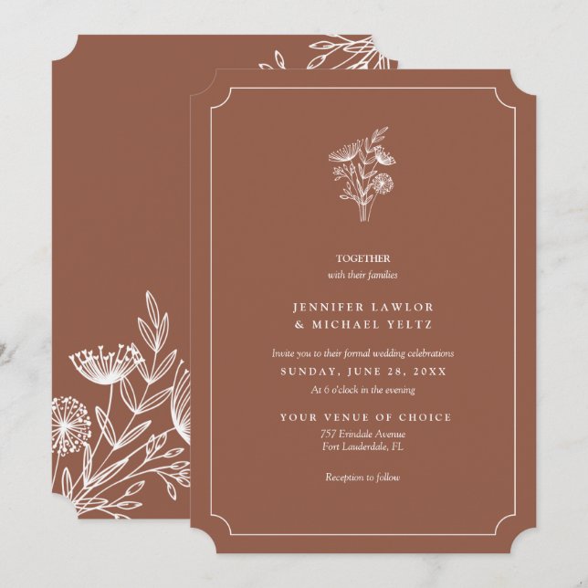 Minimalistische Wildblume Burnt Orange Hochzeit Einladung (Vorne/Hinten)