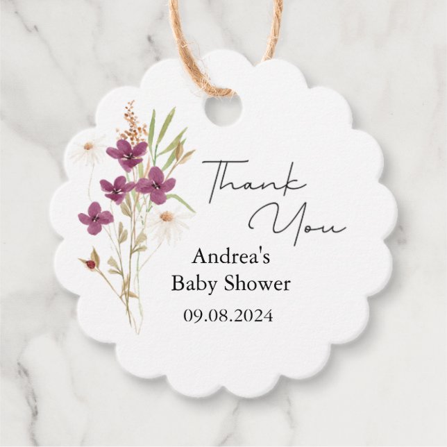 Minimalistische Wildblume Lila Babydusche Geschenkanhänger (Vorderseite)