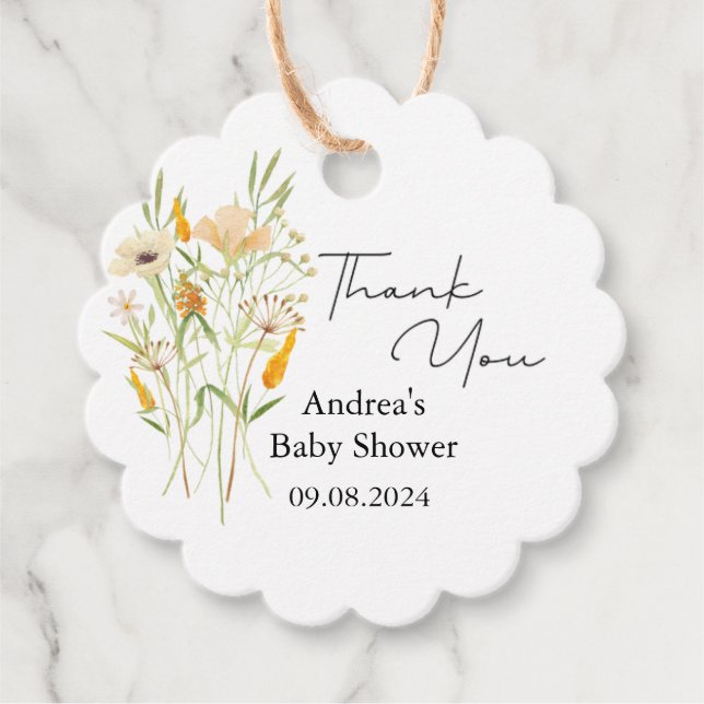 Minimalistische Wildblume Orange Babydusche Geschenkanhänger (Vorderseite)
