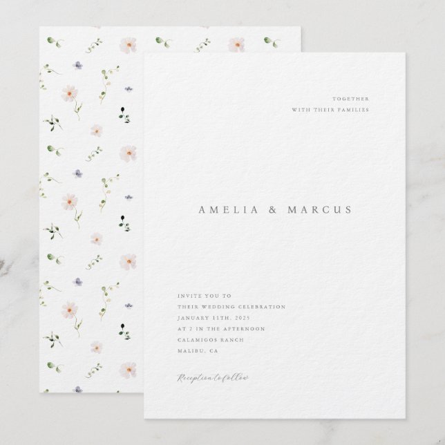 Minimalistische Wildblumen Einladung zur Hochzeit (Vorne/Hinten)