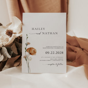 Minimalistische Wildblumen Schwarz   Weiße Hochzei Einladung