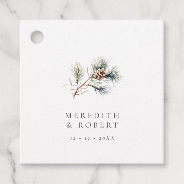 Minimalistische Winter Pine Branch & Cone Hochzeit Geschenkanhänger (Vorderseite)