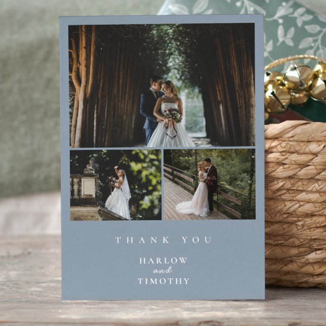 Minimalistischen 4 Foto Hochzeit Dankeschön Karte (Elegant 3 Photo Dusty Blue Minimalist Wedding Thank You card)