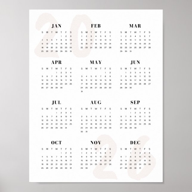 Minimalistischer 2026 Ein-Seiten-Kalender Sauber M Poster (Vorne)
