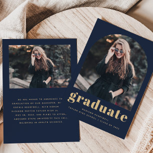 Minimalistischer 2-Foto Arch Navy Blue Gold Abschl Ankündigung