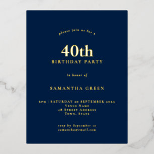 Minimalistischer 40. Geburtstag Party Navy Blue Gl Folie Einladungspostkarte