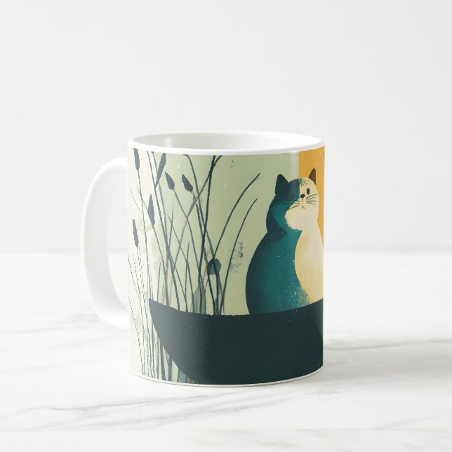 Minimalistischer Abstrakter Chubby-See Weiße Katze Kaffeetasse (Vorderseite Links)