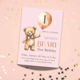 Minimalistischer Bärenrosa Girl Beary 1. Geburtsta Einladung