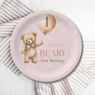 Minimalistischer Bärenrosa Girl Beary 1. Geburtsta Pappteller