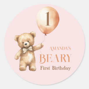 Minimalistischer Bärenrosa Girl Beary 1. Geburtsta Runder Aufkleber