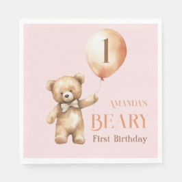 Minimalistischer Bärenrosa Girl Beary 1. Geburtsta Serviette
