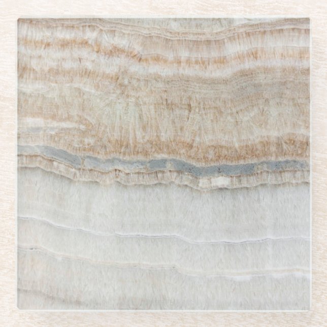 Minimalistischer, beige-weißer Marmor mit modernem Glasuntersetzer (Vorderseite)