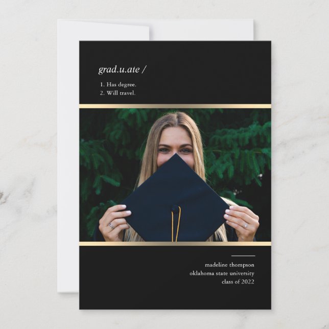 Minimalistischer Black Gold Foto Abschluss Einladung (Vorderseite)