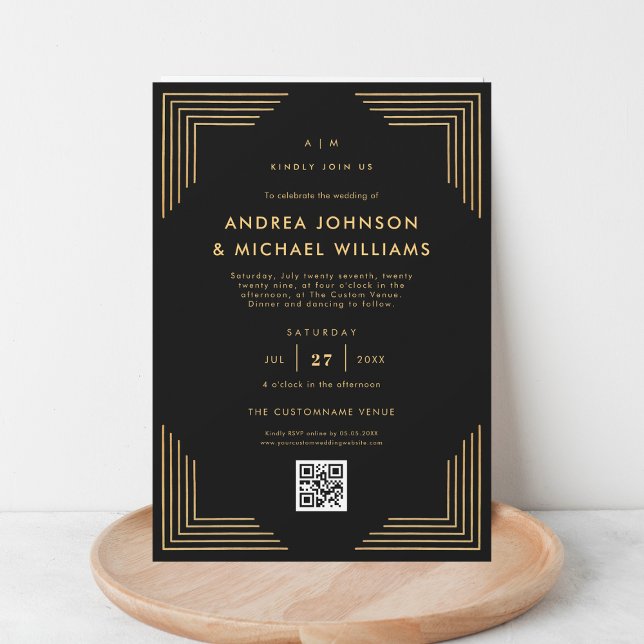 Minimalistischer Black Gold QR Code Hochzeit Einladung (Von Creator hochgeladen)