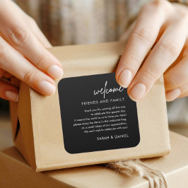 Minimalistischer Black Wedding Begrüßungskorb Quadratischer Aufkleber