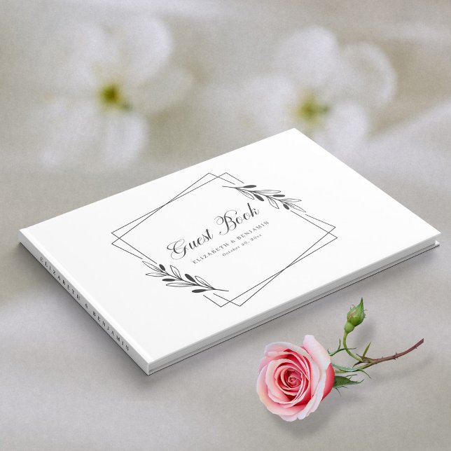 Minimalistischer Blumenkranz: Elegante weiße Hochz Gästebuch (Minimalist Floral Wreath_ Elegant White Wedding Guest Book)