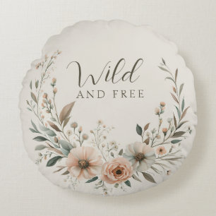 Minimalistischer Boho-Blumen in Elfenbein und Rosé Rundes Kissen