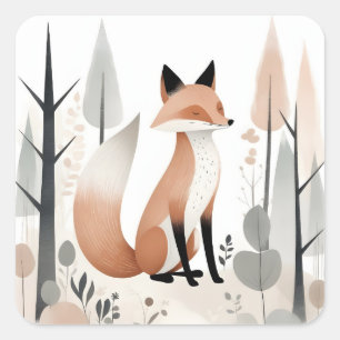 Minimalistischer Boho Niedlich Fox in einem Wald Quadratischer Aufkleber