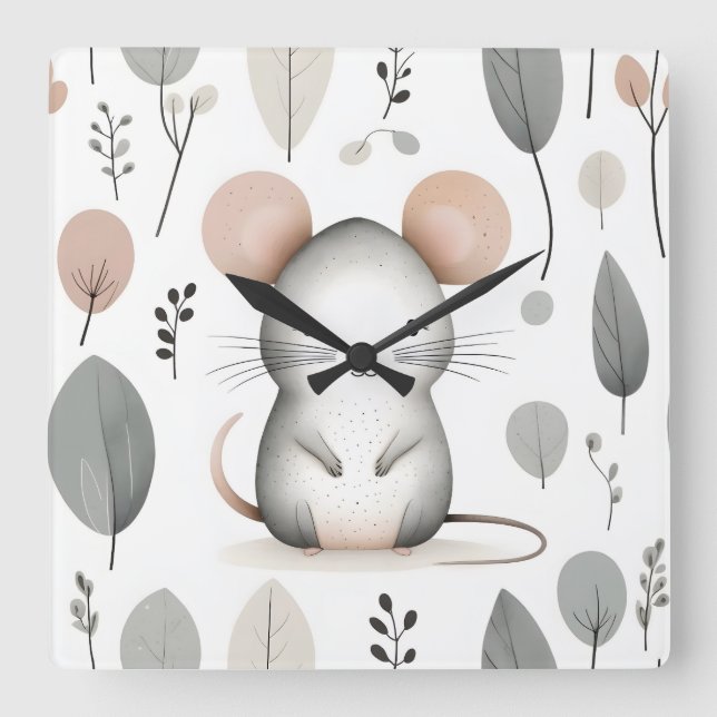 Minimalistischer Boho Niedlich Mouse Leaf Kinderzi Quadratische Wanduhr (Vorderseite)