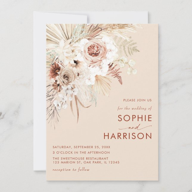 Minimalistischer Boho Pampas-Grass auf einer Hochz Einladung (Vorderseite)