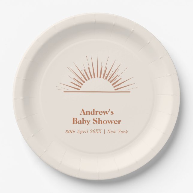 Minimalistischer Boho-Ray mit Sonnenschein-Babydus Pappteller (Vorderseite)