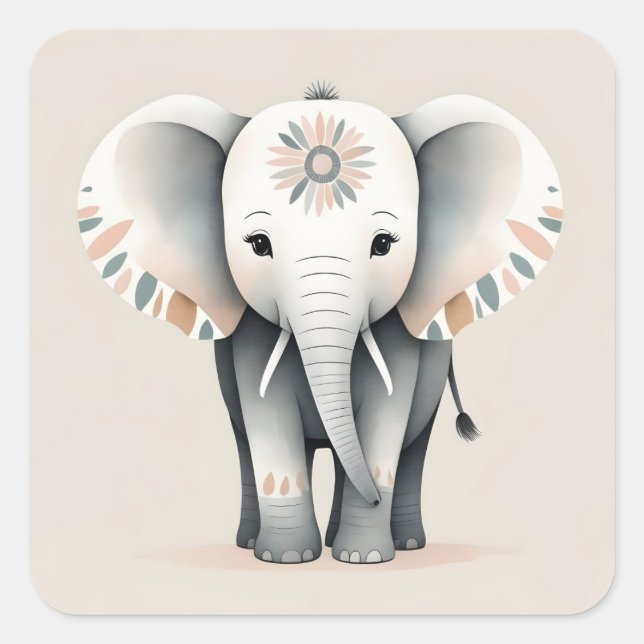 Minimalistischer Boho Stil dekoriert Elefant Quadratischer Aufkleber (Vorderseite)