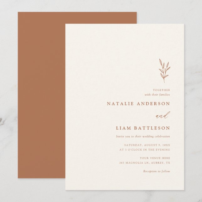 Minimalistischer botanischer Burnt Orange Wedding  Einladung (Vorne/Hinten)