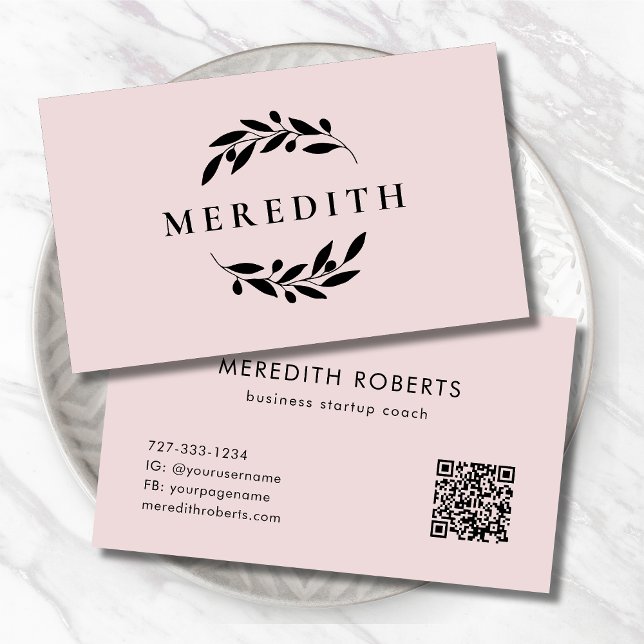 Minimalistischer botanischer QR-Code Rosa Visitenkarte (Minimalist Botanical Olive Branches QR Code Blush Pink Business Card)