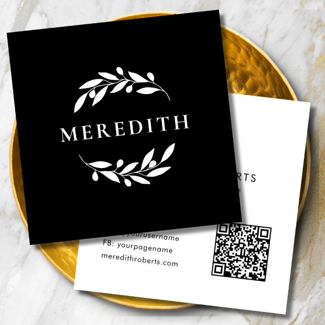 Minimalistischer botanischer QR-Code schwarz und w Quadratische Visitenkarte (Minimalist Botanical Olive Branches QR Code Black and White Square Business Card)