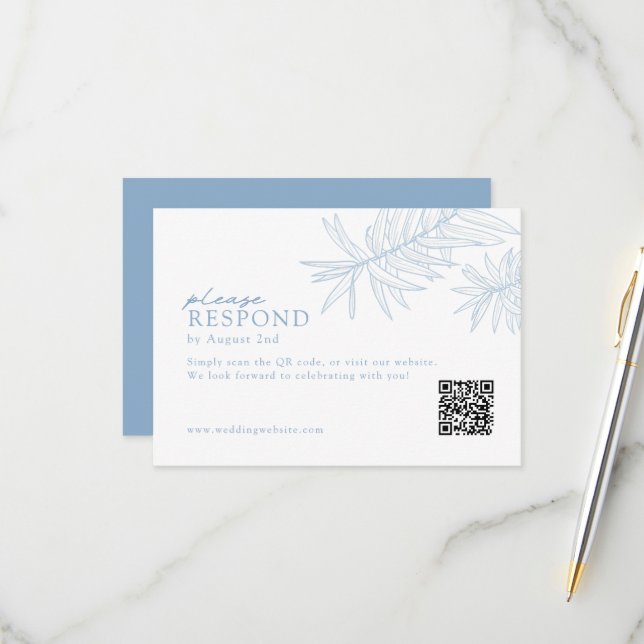 Minimalistischer botanischer QR-Code von Dusty Blu RSVP Karte (Vorderseite/Rückseite Beispiel)