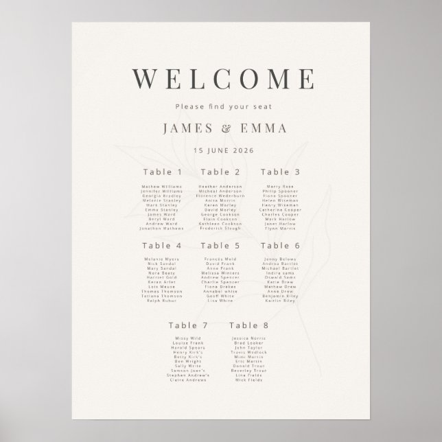 Minimalistischer botanischer Sitzplan(8)Warmweiß Poster (Vorne)