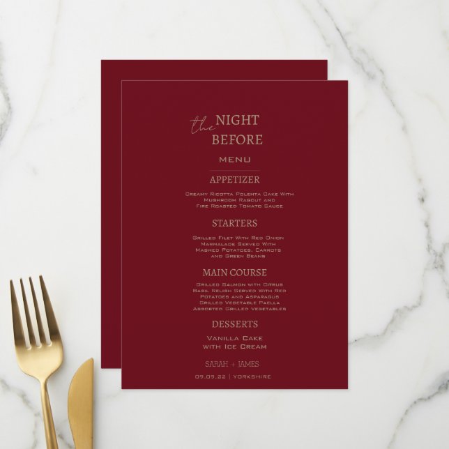 Minimalistischer Burgund am Abend vor der Hochzeit Menükarte (Vorderseite/Rückseite Beispiel)