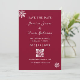 Minimalistischer Burgunder Red Winter Wedding QR C Save The Date