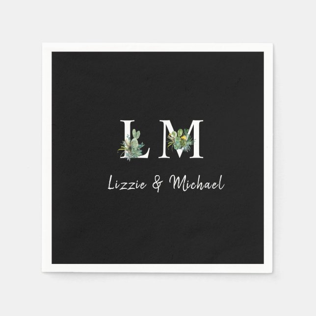 Minimalistischer Cactus Monogram Name Black Cockta Serviette (Vorderseite)