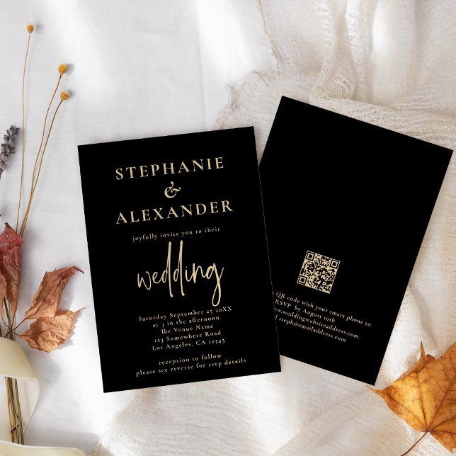 Minimalistischer Champagner Gold Black QR Code Hoc Einladung (Von Creator hochgeladen)