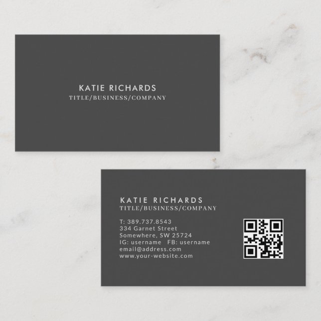 Minimalistischer dunkelgrauer QR-Code Visitenkarte (Vorne/Hinten)