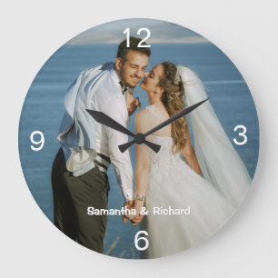 Minimalistischer Eine-Foto-Hochzeits-Couple-Name  Große Wanduhr