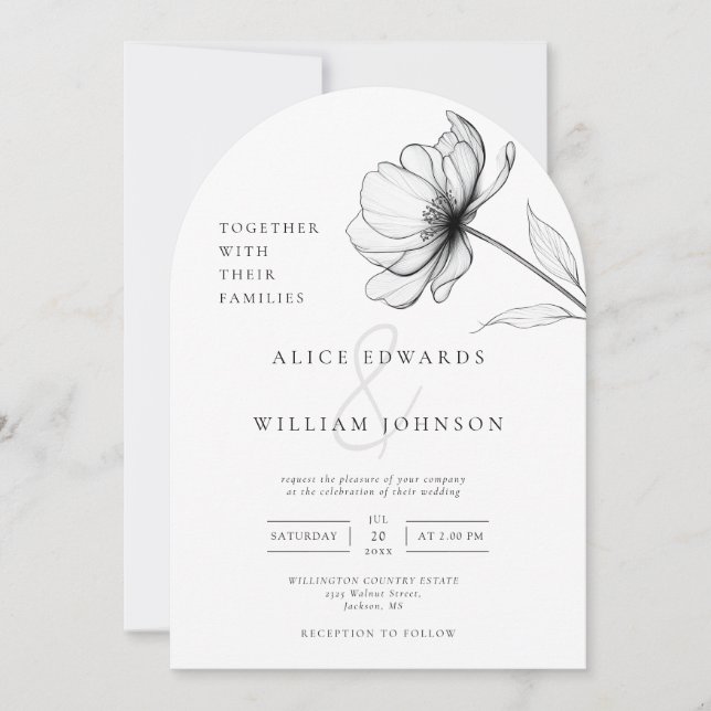 Minimalistischer eleganter, floraler Hochzeitsplat Einladung (Vorderseite)