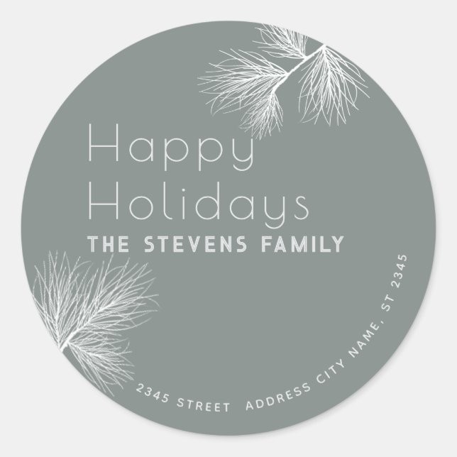 Minimalistischer, eleganter Kiefernzweig Happy Hol Runder Aufkleber (Vorderseite)