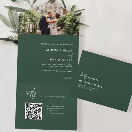 Minimalistischer Emerald Green Wedding QR Code All In One Einladung