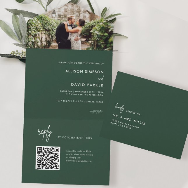 Minimalistischer Emerald Green Wedding QR Code All In One Einladung (Von Creator hochgeladen)