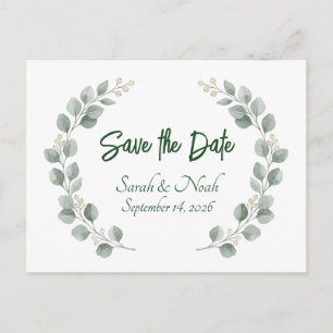 Minimalistischer Eukalyptus-Kranz Save the Date in Ankündigungspostkarte